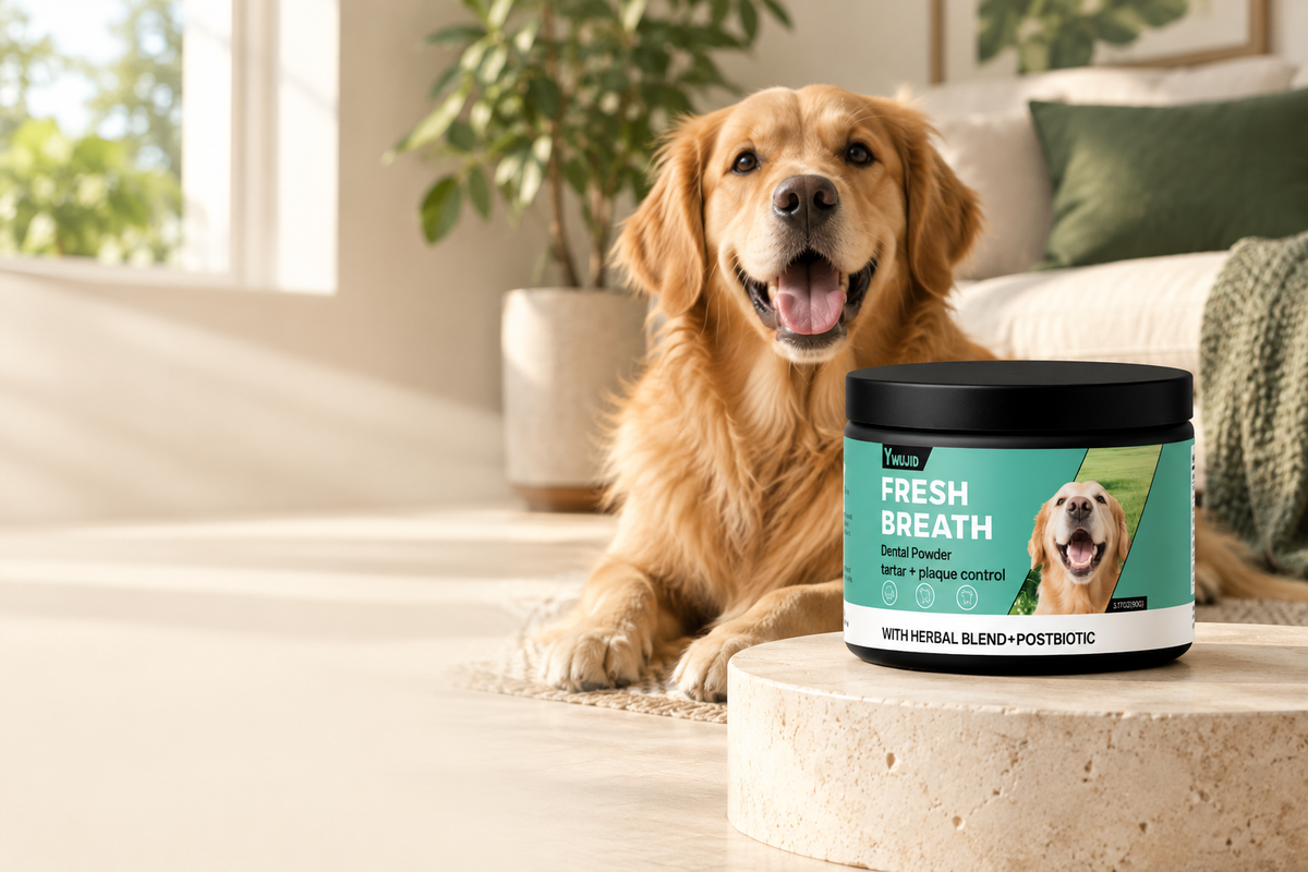 Golden retriever with Fresh Breath dental powder in a warm, welcoming home
