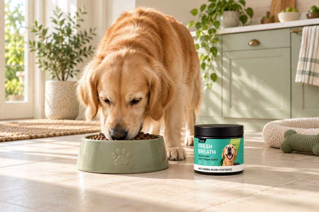 Golden retriever at mealtime with Fresh Breath dental powder